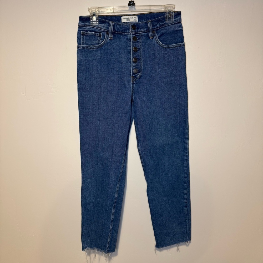 ABERCROMBIE The Mom High Rise Jeans Button Fly Raw Hem Dark Wash 28 Reg